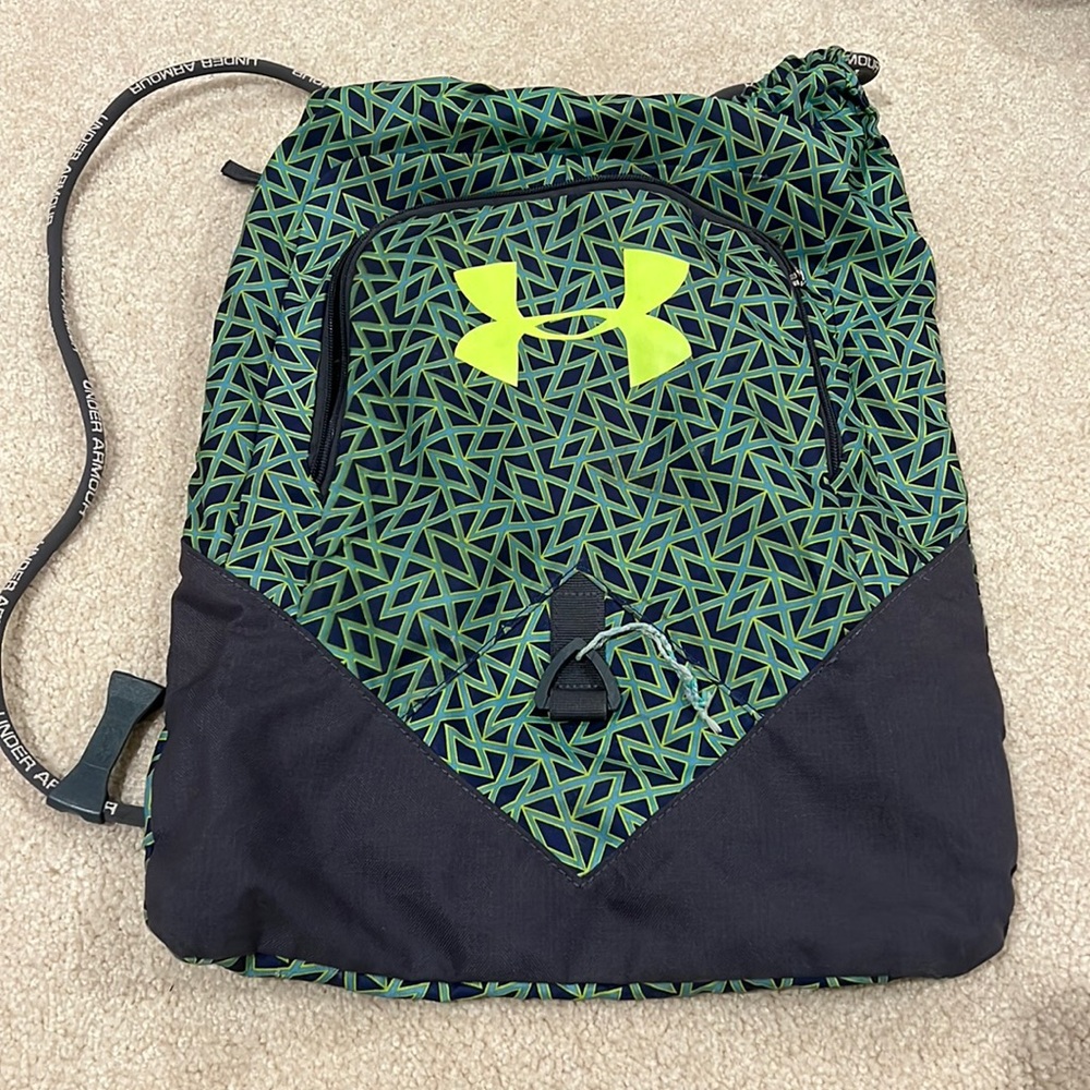 geometric green and navy under armour drawstring bag